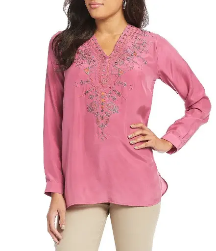 Sigrid Olsen Signature Washed Silk Pink Embroidered Blouse