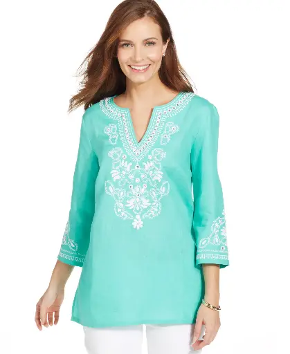 Charter Club Rhinestone Linen Tunic Cyan