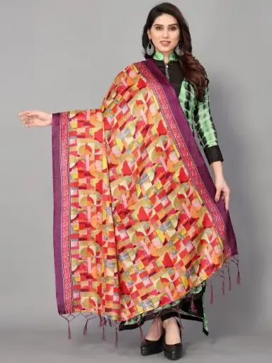 BHAKARWADi Pink Mysore Silk Geometric Print Dupatta 