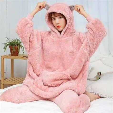 Winter Women Hoodie Pajamas Sets , Sleepwear Long Sleeves Warm Pajama 